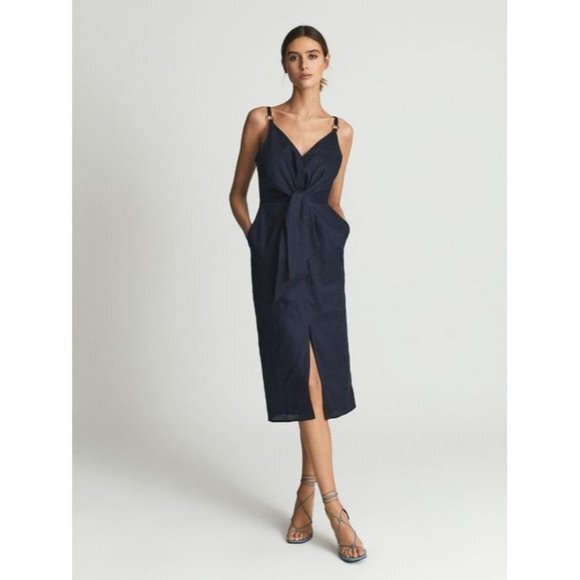 NWT REISS KAY TIE DETAIL NAVY  LINEN MIDI DRESS SIZE 2 - Picture 1 of 12